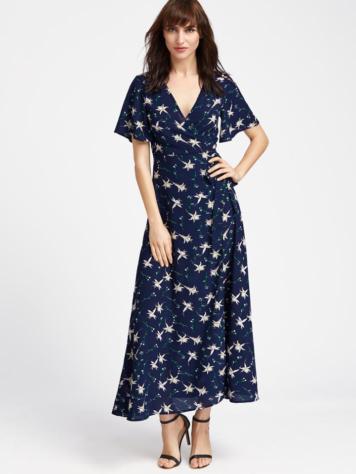 Shein Navy Flower Print Surplice Wrap Long Dress
