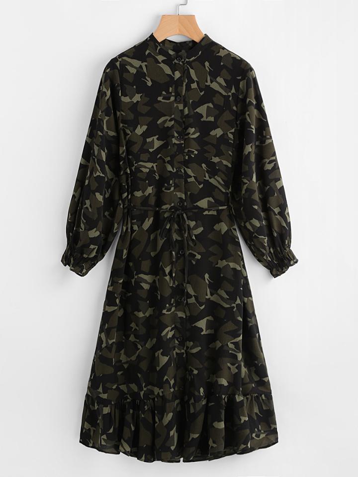Shein Lantern Sleeve Frill Hem Camo Shirt Dress