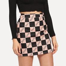 Shein Letter Print Check Plaid Denim Skirt