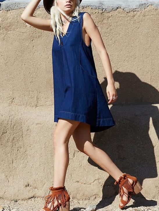 Shein Navy V Neck Sleeveless Pockets Denim Dress