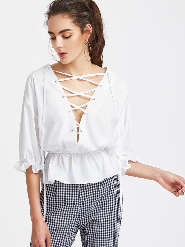 Shein Drop Shoulder Frill Cuff Lace Up Plunging Peplum Top