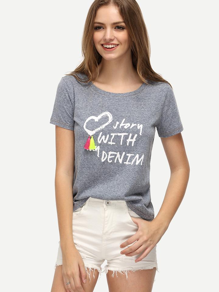 Shein Grey Letters Print Short Sleeve T-shirt