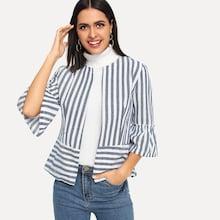 Shein Frill Trim Open Placket Striped Coat