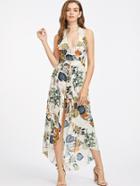 Shein Plunge Backless Tropical Print Playsuit With Skirt Overlay