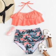 Shein Palm Print Ruffle Bikini Set