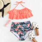 Shein Palm Print Ruffle Bikini Set