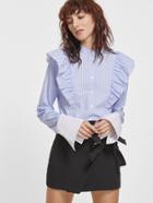 Shein Blue And White Striped Contrast Cuff Ruffle Blouse