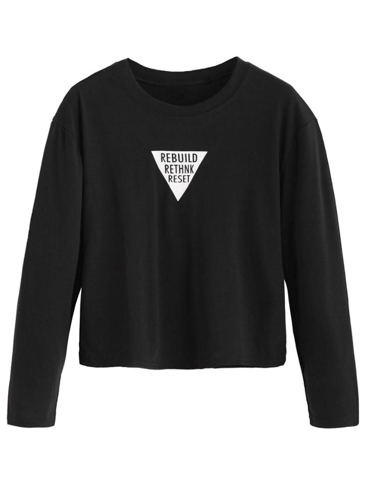 Shein Black Letter Print Drop Shoulder Crop T-shirt