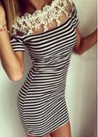 Rosewe Stripe Print Lace Patchwork Bodycon Dress