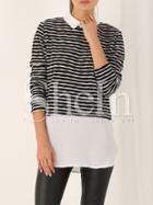 Shein White Black Long Sleeve Striped Blouse