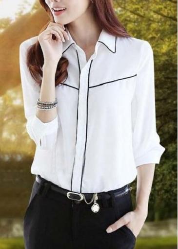 Rosewe Ol Style Long Sleeve Turndown Collar White Chiffon Blouse