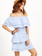 Shein Blue Striped Off The Shoulder Layered Ruffle Dress
