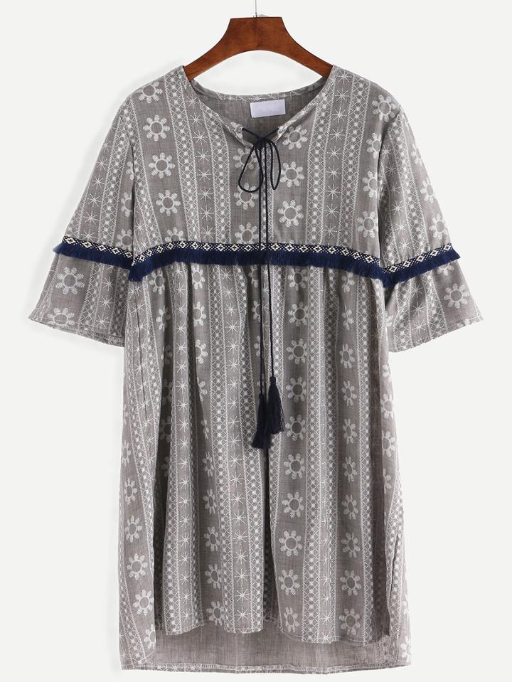 Shein Tie-neck Woven Tape Embellished Printed Dress - Grey