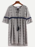 Shein Tie-neck Woven Tape Embellished Printed Dress - Grey