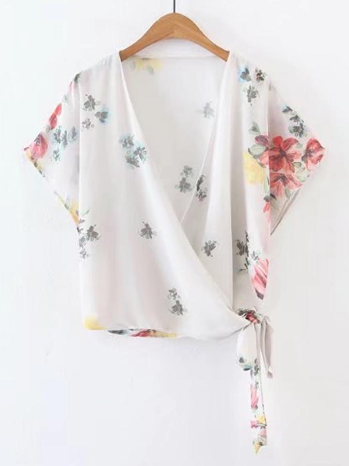 Shein Surplice Front Tie Waist Floral Top