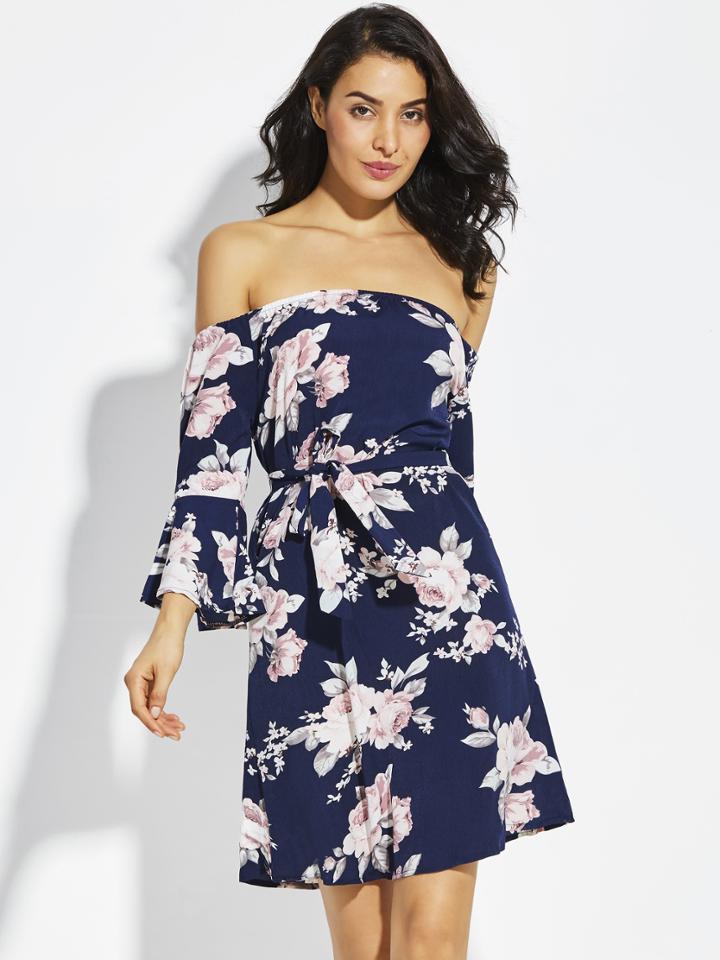 Shein Off Shoulder Fluted Sleeve Floral Print Dress