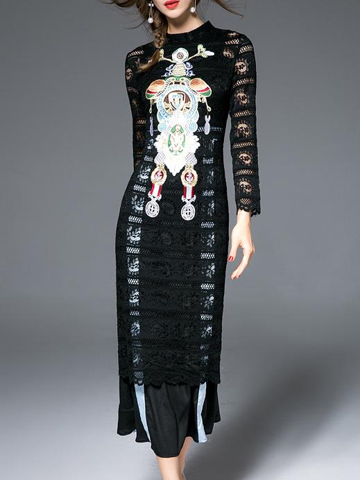 Shein Black Applique Pouf Mesh Lace Dress