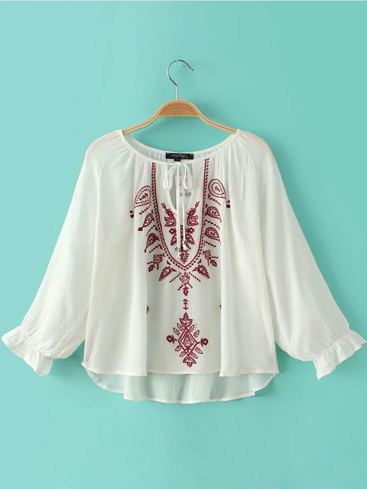 Shein White Elastic Cuff Tie Neck Embroidery Blouse