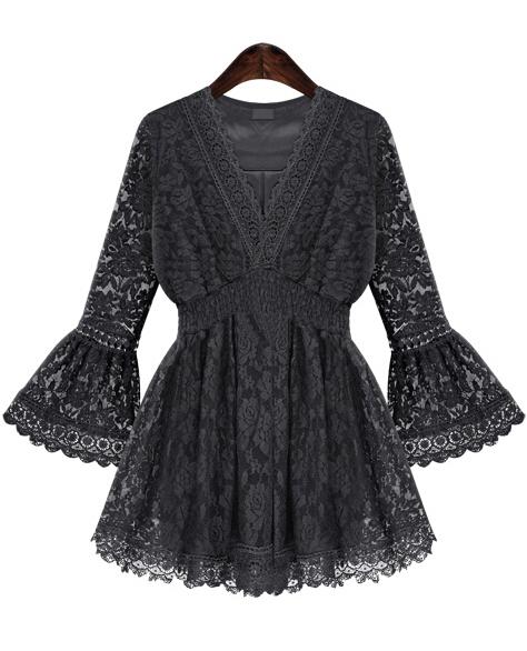 Shein Black V Neck Bell Sleeve Lace Blouse