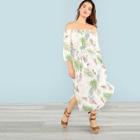 Shein Plus Tropical Print Off Shoulder Self Belted Dress