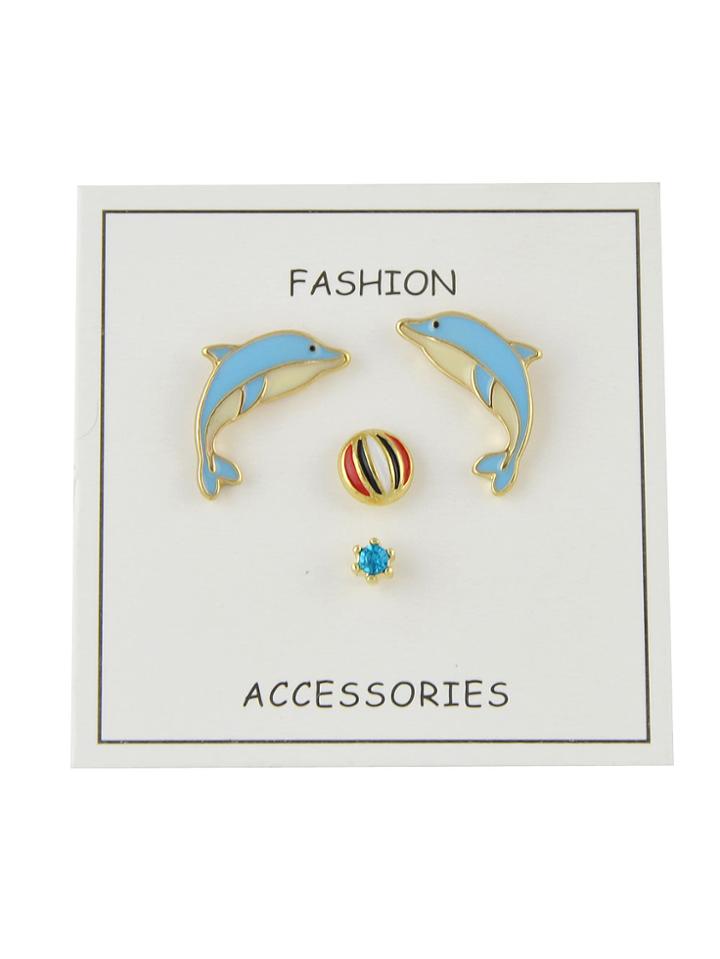 Shein 4pcs/set Blue Color Enamel Ball Round Dolphin Stud Earring