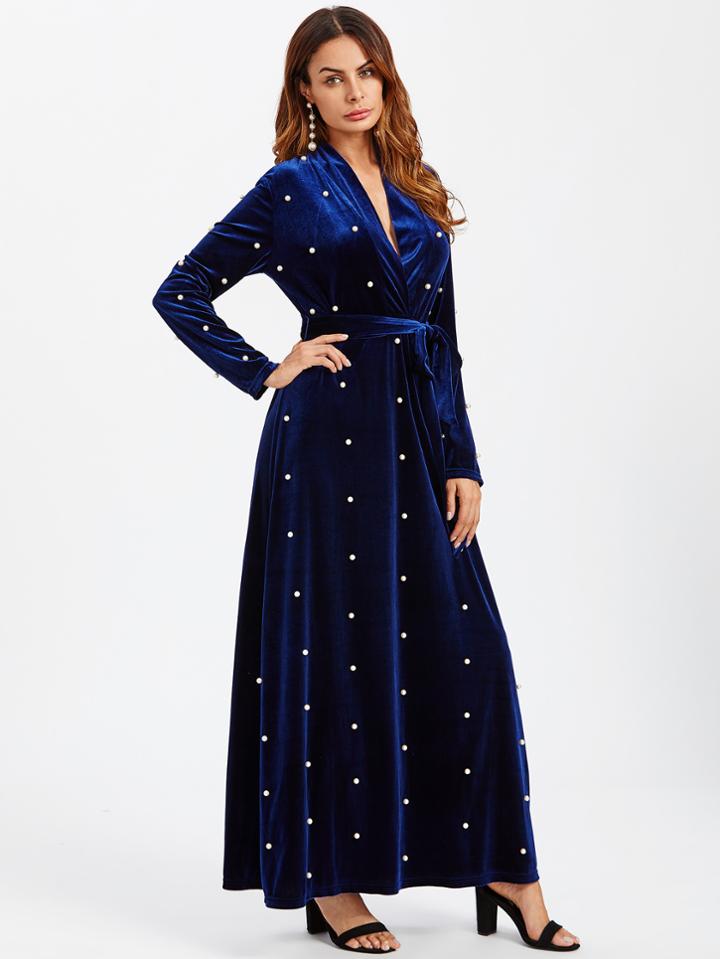 Shein Pearl Beaded Surplice Wrap Plunging Velvet Dress