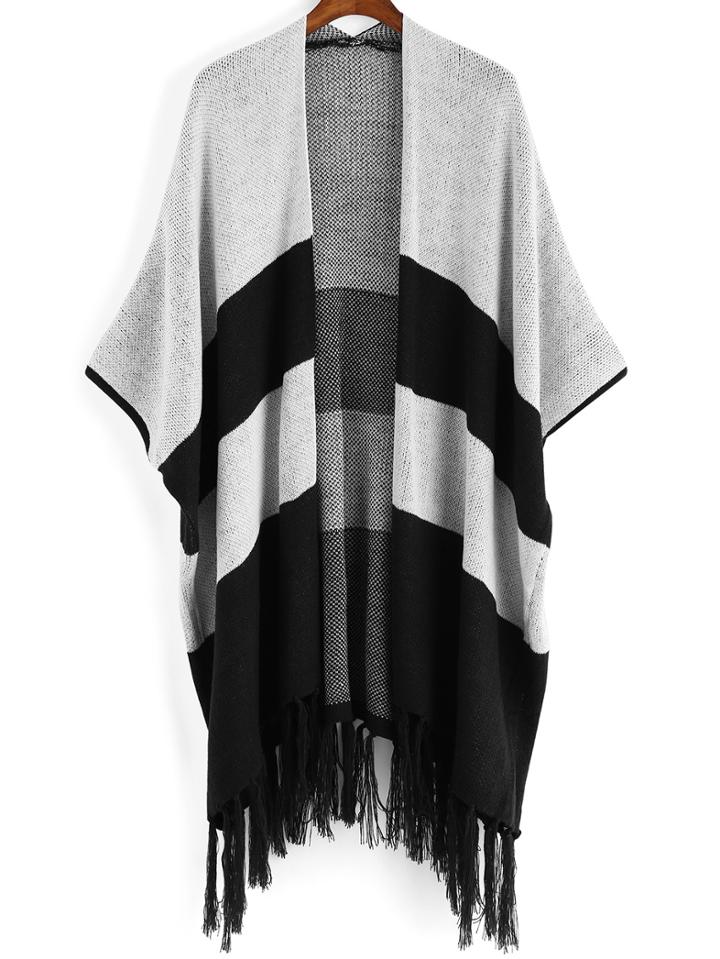 Shein Black Grey Striped Tassel Loose Cardigan