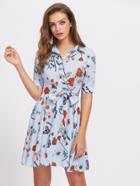 Shein Knot Waist Flower Print Shirt Dress