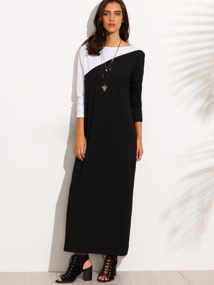 Shein Black Contrast Panel Long Sleeve Shift Dress