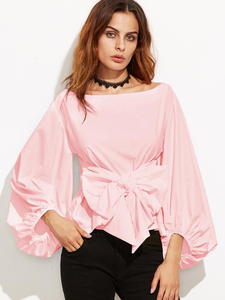 Shein Pink Boat Neck Lantern Sleeve Bowknot Blouse