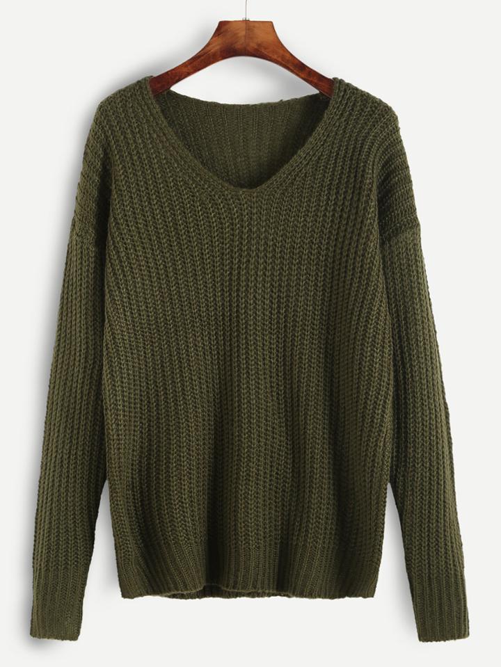 Shein Olive Green Ribbed Knit Drop Shoulder Sweater