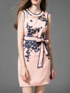 Shein Apricot Embroidered Tie-waist Sheath Dress