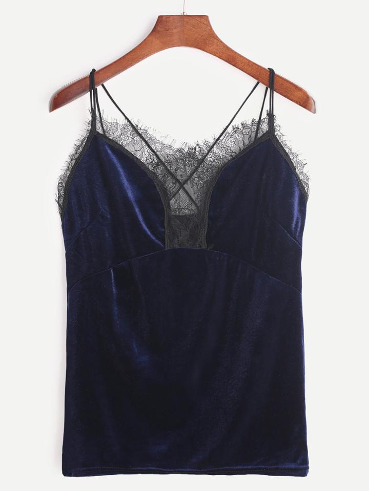 Shein Navy Contrast Eyelash Lace Cami Top