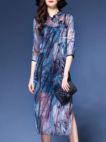 Shein Multicolor Collar Bamboos Print Split Shift Dress