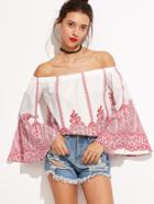 Shein White Vintage Print Bell Sleeve Off The Shoulder Top