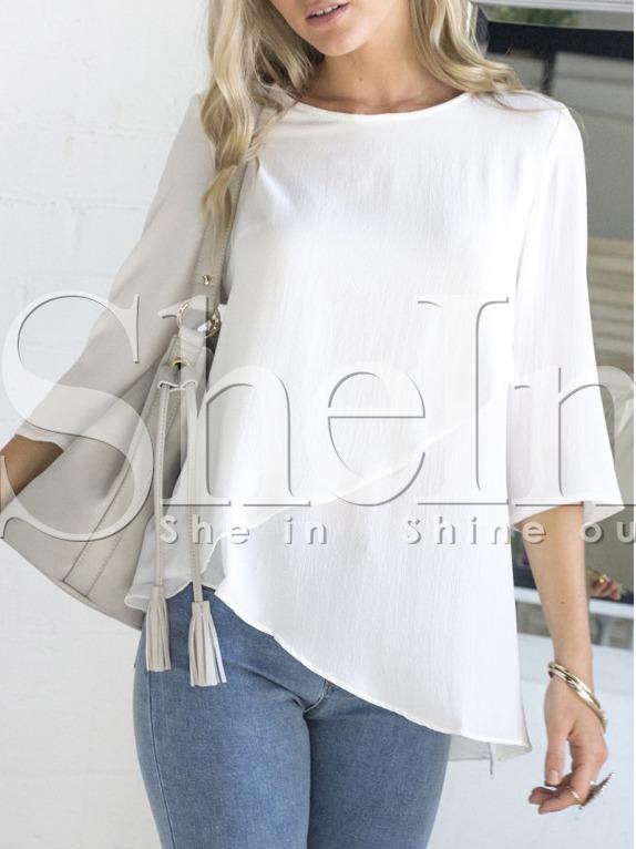 Shein White Long Sleeve Ruffle Asymmetric Blouse