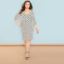 Shein Plus Split Front Belted Polka Dot Dress