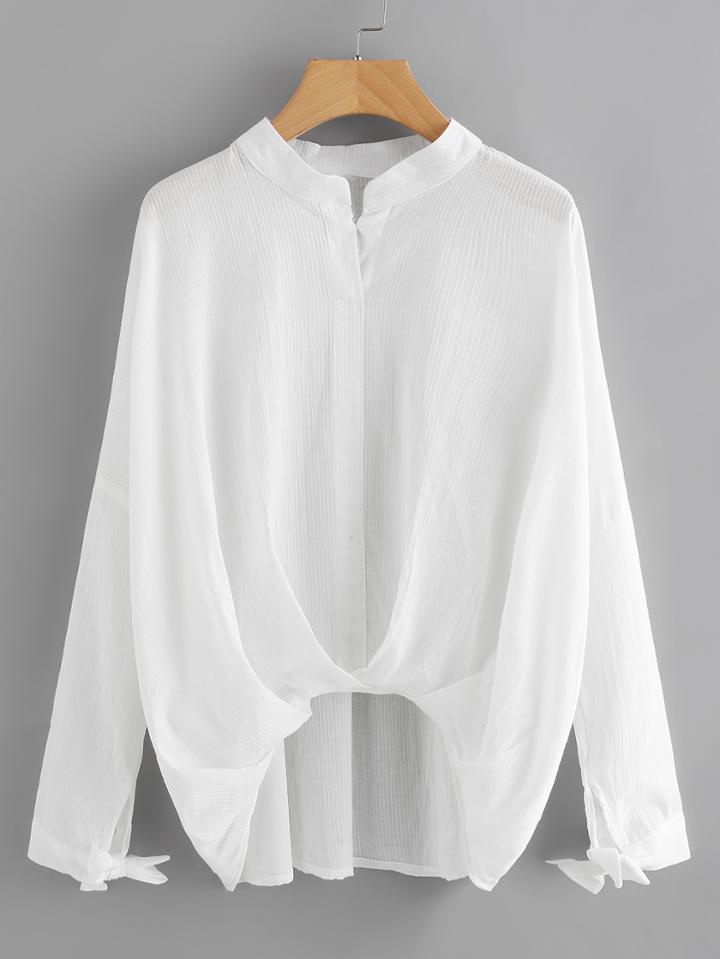 Shein Drop Shoulder Tie Cuff Dip Hem Blouse