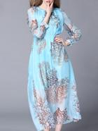 Shein Blue Round Neck Long Sleeve Print Dress