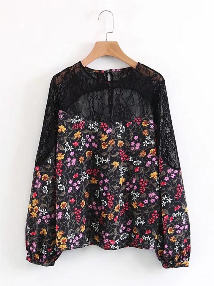 Shein Lace Panel Calico Print Blouse