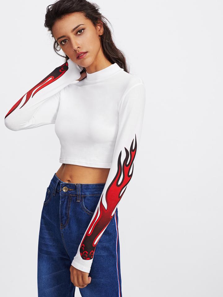 Shein High Neck Flame Print Crop Tee