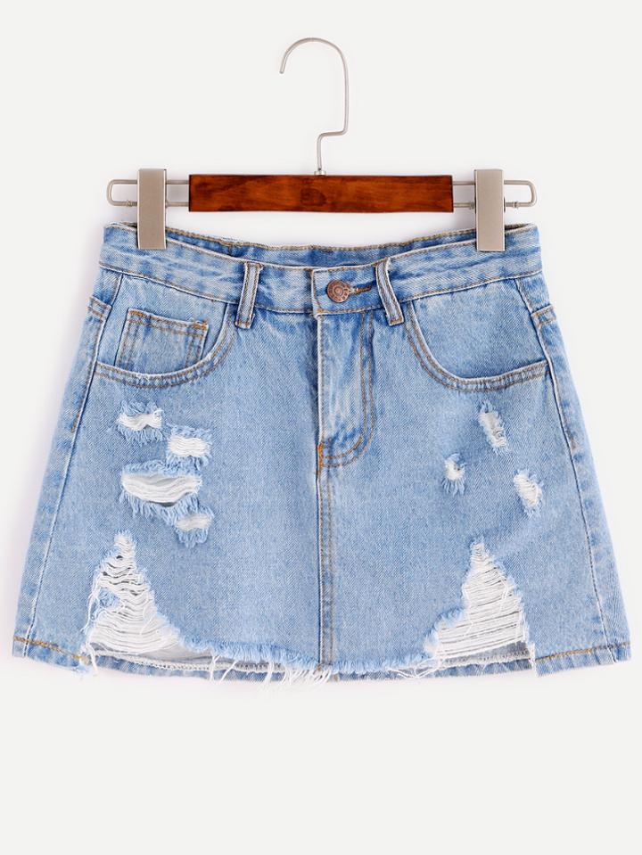 Shein Blue Ripped Raw Hem Denim Skorts