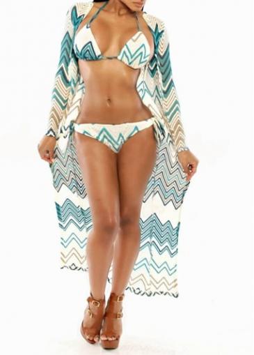 Rosewe Long Sleeve Green Chevron Print Long Cover Up