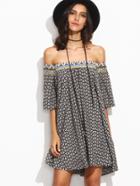 Shein Black Print Off The Shoulder Half Sleeve Shift Boho Dress