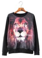 Rosewe Casual Round Neck Long Sleeve Lion Print Black Sweatshirt