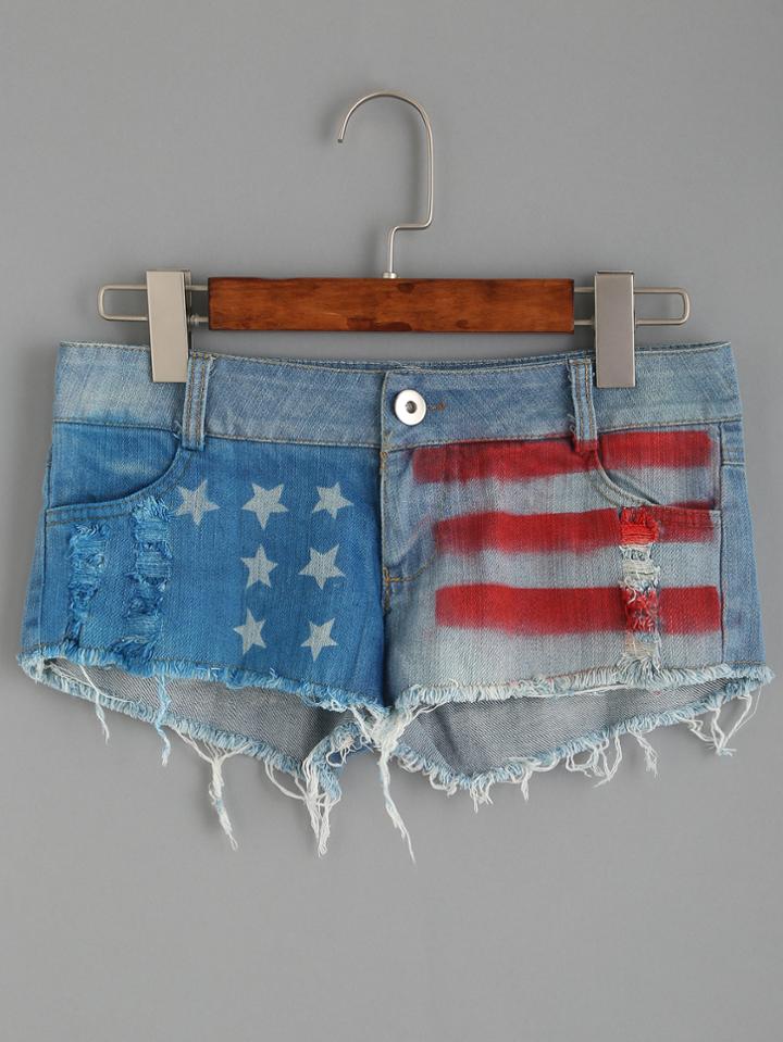 Shein Blue Stars And Stripes Print Frayed Denim Shorts