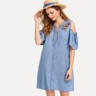 Shein Botanical Embroidered Open Shoulder Denim Dress