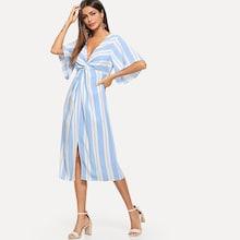 Shein Plunging Neck Twist Front Slit Striped Dress