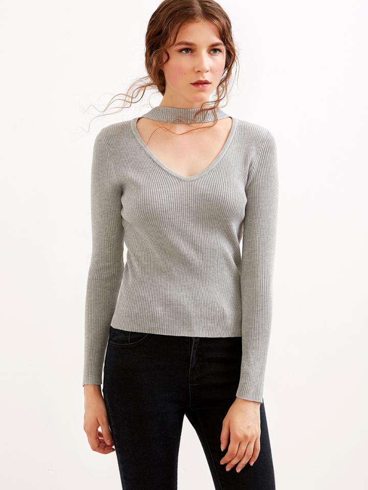 Shein Grey Cutout Front Ribbed T-shirt