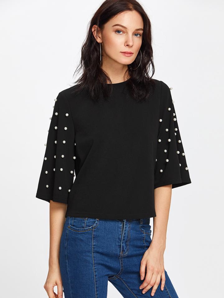 Shein Pearl Embellished Fluted Sleeve Tee